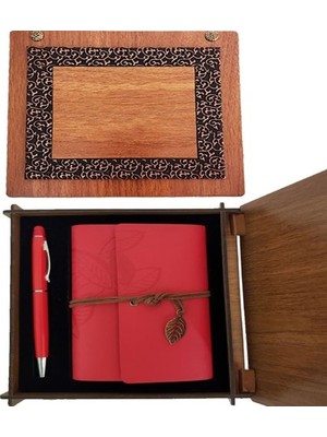 Ahşap Kutulu Kırmızı Deri Defter ve Metal Kalem Set Midastech