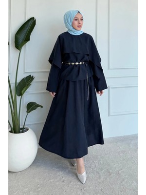 Tesettür Diyarı Polya Tesla Kumaş Pelerin Bluzlu Etekli Tesettür Takım- Lacivert