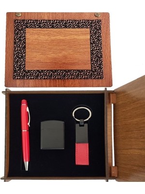 Ahşap Kutulu Kırmızı Kalem Anahtarlık ve Çakmak Set Midastech