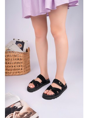 Sy Leather Zoe Model Hakiki Deri Içi Fuspetli Kaymaz Taban Çapraz Bant Tokalı Kadın Terlik