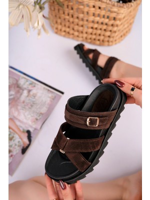 Sy Leather Zoe Model Hakiki Deri Içi Fuspetli Kaymaz Taban Çapraz Bant Tokalı Kadın Terlik