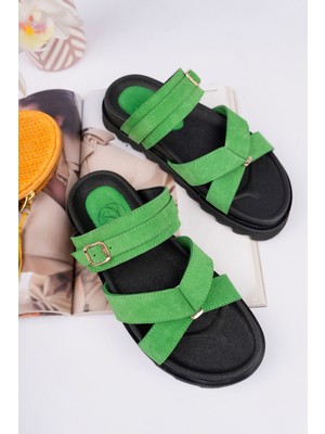 Sy Leather Zoe Model Hakiki Deri Içi Fuspetli Kaymaz Taban Çapraz Bant Tokalı Kadın Terlik