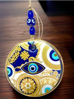 Sarı Motifli Mavi Işlemeli Nazar Boncuk Gözlü Duvar Süsü Midastech