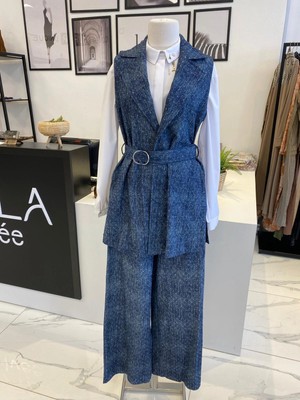 Nurcan Çetin Taşlı Denim Yelek Takım