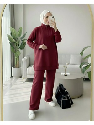 Modamorfo Yarım Fermuarlı Boğazlı Penye Takım -Bordo