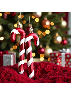 Oktay Sesal Yılbaşı Ağacı Süsü 6 Adet Baston Süs 13 cm Simli Parlak Noel Ağacı Süsleri