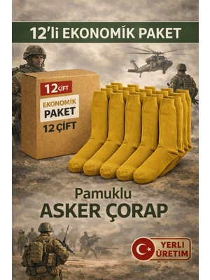 Qulat 12 Çift Pamuklu Asker Çorabı Haki Yeşil – Uzun Konç Ter Emici Dayanıklı Asker Çorap