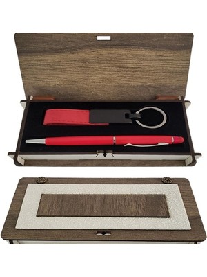 Ahşap Kutulu Kırmızı Anahtarlık ve Kalem Set Hediyelik Midastech