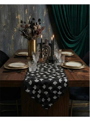 Finezza Mihrimah Istiridye Desen Jakar Kumaş Lazer Kesim Siyah Gri Runner 140 cm  840