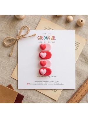 Simone Jr. 4’lü Pastel Kalp Figürlü Çocuk Yan Toka Seti - Kırmızı & Pembe