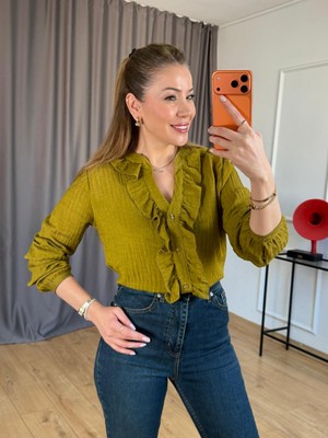 Size Özgü Olive Büstiyerli Fırfır Detay Gömlek