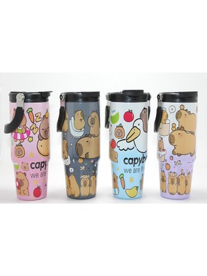 DS LLC Ieg ™ Capybara Desenli Isı Muhafazalı Pipetli Dev Çelik Termos (Tumbler) DSLLCRS-IEGK34