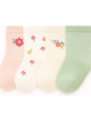 Solde Pamuklu Yapıda Kaymaz Tabanlı 4’lü Pastel Çiçek Desenli Bebek Çorap Seti – Yumuşak & Konforlu