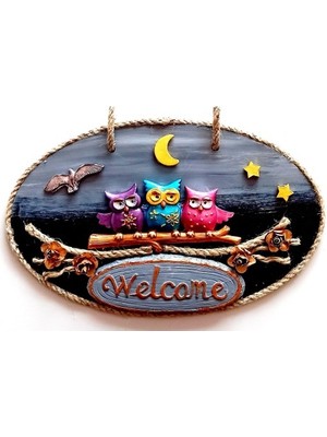 Renkli Baykuşlu Welcome Yazılı El Yapımı Kapı Süsü Midastech