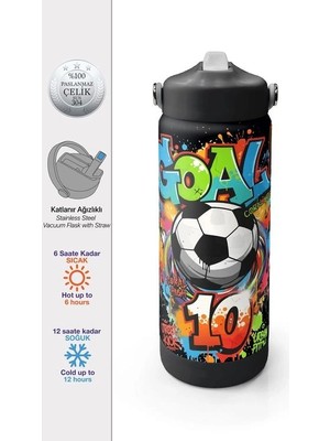 Coral High Coral Hıgh 38335 Kıds Hıgh Siyah Goal Desenli Pipetli Çelik Termos 650ML