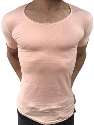 Anecdote ByBülent Erkek Oval Yaka Tişört Açık Yaka Likralı Slim Fit T-Shirt Pembe VR041