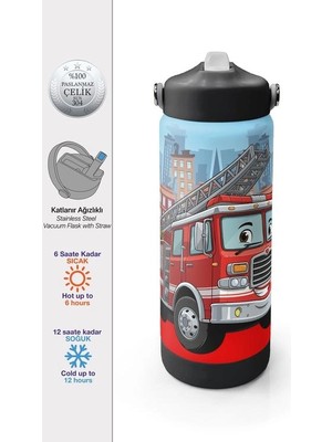 Coral High Coral Hıgh 38345 Kıds Kırmızı Itfaiye Desenli Katlanır Ağızlı Pipetli Çelik Termos 650ML