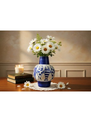 Muguetarts %100 El Yapımı Balık Desenli Seramik Vazo - Ege Esintisi 17X12CM