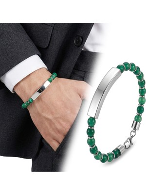 Fm 💎 Premium Yeşil Akik Beyaz İsim Yazılabilir Ve Çelik Zincir Bileklik 31832B29D12  -  23 cm