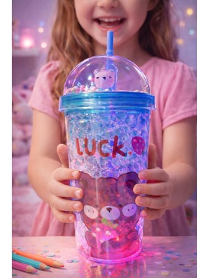 Biton Toptan Bear Suluk Pipetli Buzlu Cam Görünümlü LED Işıklı 450 ml Çift Katman Mika 2093 Mavi