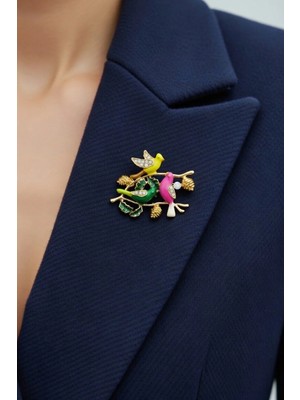 BB Bi Butik Shop Renkli Kuş Figürlü Taşlı Dal Tasarımlı Kadın Ceket Elbise Çanta Şık Broş