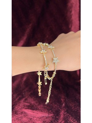 Yıldız Taş Detaylı Gold Çelik Bileklik