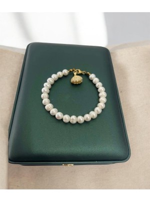 Taşmir Sertifikalı Gerçek Inci Bileklik - Pirinç 14 K Altın Kaplama Aparatlar - Istiridye Charm