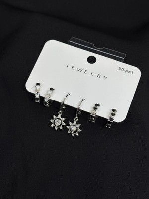 Melisa Takı & Aksesuar 316L Çelik Jewelry Gümüş Renk Kalp 6lı Set Zirkon Taşlı Küpe