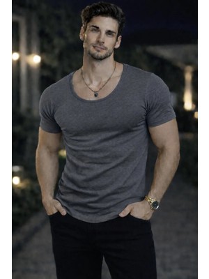 Anecdote ByBülent Erkek Oval Yaka Tişört Açık Yaka Likralı Slim Fit T-Shirt Gri VR006