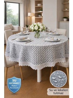 Rona Home Yuvarlak Masa Örtüsü Dantel Detaylı Lüks Sofralık Su Geçirmez Silinebilir Kumaş Çeyizlik Sofra Bezi
