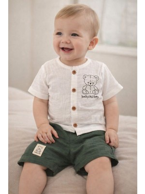 Tuem Baby Ayıcık Baskılı Müslin Erkek Bebek Şortlu Yazlık Takım ( Beden Ölçüleri Açıklamada)