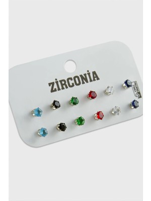 MidasTech 12 Adet Renkli Zirkon Tek Taşlı Küpe Nemere