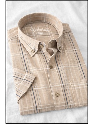 Varetta Erkek Kısa Kollu Gömlek Bej Kareli Geniş Kesim Cepli Pamuklu Günlük Casual