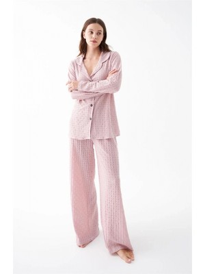 Marsilyan- Kadın Pembe Önden Düğmeli Rahat Kesim Pijama Takımı – Günlük Ev Giyim Seti