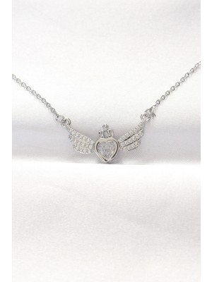Bazarhane 316L Çelik Silver Renk Zirkon Taşlı Kalpli Kanat Kolye