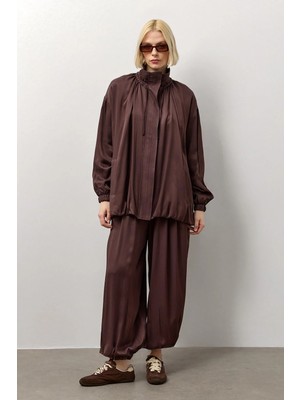 Molene Kahverengi Dik Yaka Büzgülü Floş Ceket