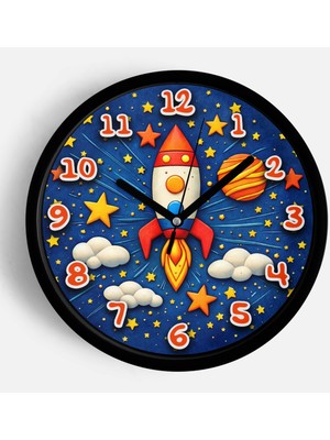JHAAR Uzaya Yolculuk Eden Roket Temalı Çocuk Odası Duvar Saati - 25CM - Önü Camlı Siyah Kasa