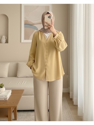 Modamorfo V Yaka Düğmeli Arkası Uzun Gömlek  -Sarı