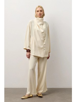 Molene Ekru Kaplama Düğmeli Salaş Ceket