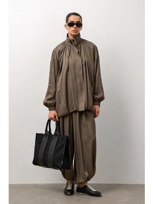 Molene Haki Dik Yaka Büzgülü Floş Ceket