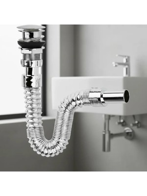 Krom Basmalı Sifon -Körüklü Sifon Bas Stoplu Lavabo Mutfak Sifonu-Paslanmaz ( Lisinya )