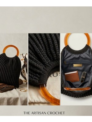 JKmons Siyah Makrome Örgü Kadın El Çantası – Turuncu Halka Saplı Şık Tasarım Çanta