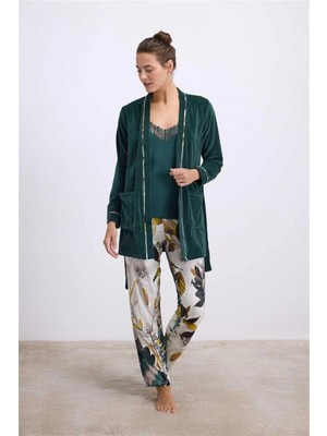 Marsilyan- Kadife Sabahlık, Dantelli Atlet ve Desenli Pantolon Pijama Takımı