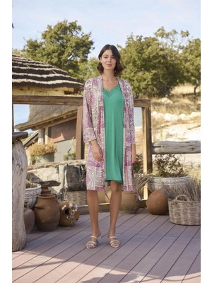 Marsilyan- Etnik Deseni ve Dantelli Sabahlık Takımı