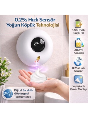 Coofbe Duvar Askılı Şarjlı 280ML Otomatik Sensörlü Sabunluk ve Termometre Ekranlı Sensörlü Sabunluk