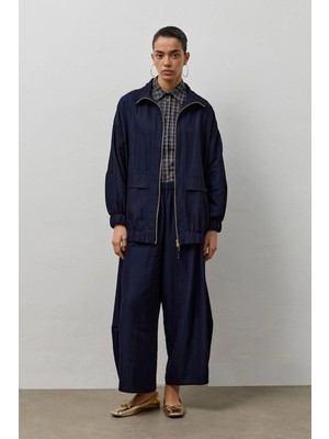 Molene Lacivert Çift Fermuarlı Dik Yaka Bomber Ceket