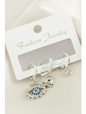 MidasTech 3 Adet Kalp Nazar Zirkon Taşlı Küpe Nemere