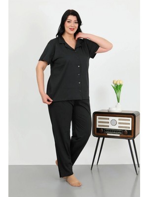 Marsilyan- Kadın Büyük Beden Pamuklu Cepli Düğmeli Siyah Pijama Takım