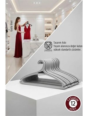 Marsilyan Giulia Vieri Selection: 12'li Premium Italyan Tasarım Ince Siluet Kaymaz Elbise Askısı Seti Gri