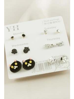 MidasTech 12 Adet Kedi Metal Taşlı Küpe Nemere